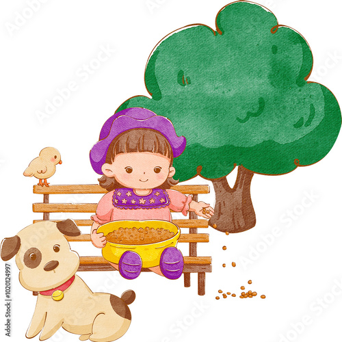 Canvas Print A girl in a purple hat sits on a bench feeding birds near a large dark green tre