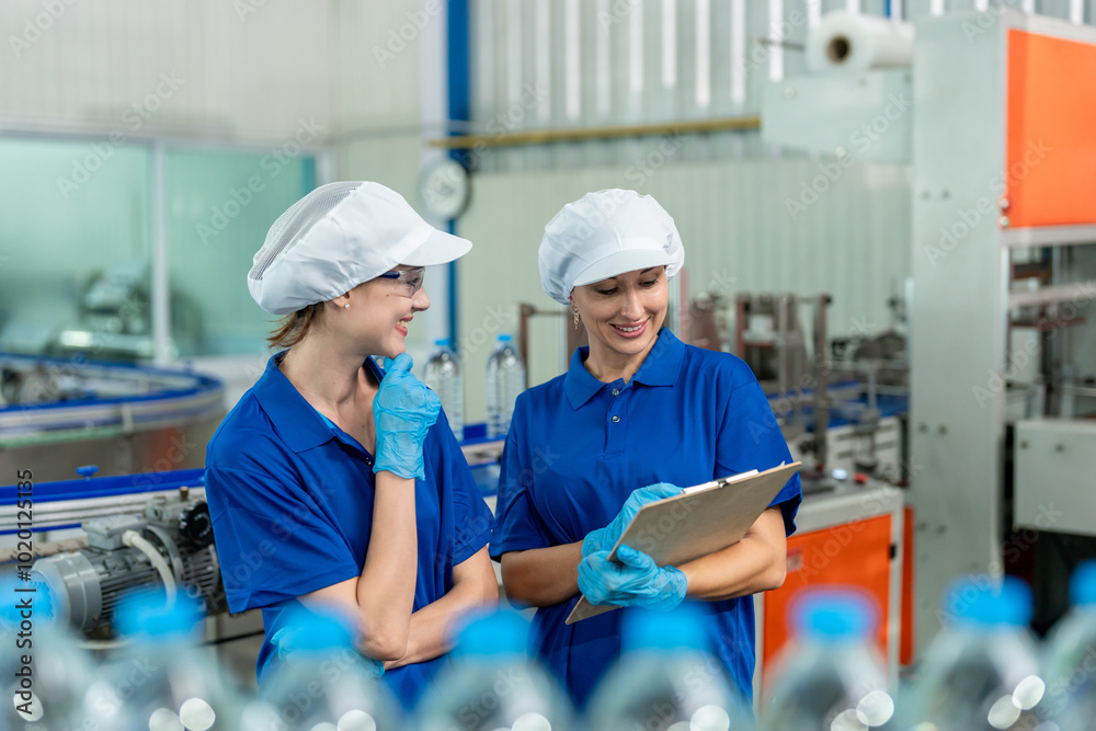 Obraz premium Caucasian female industry worker team working in factory warehouse.