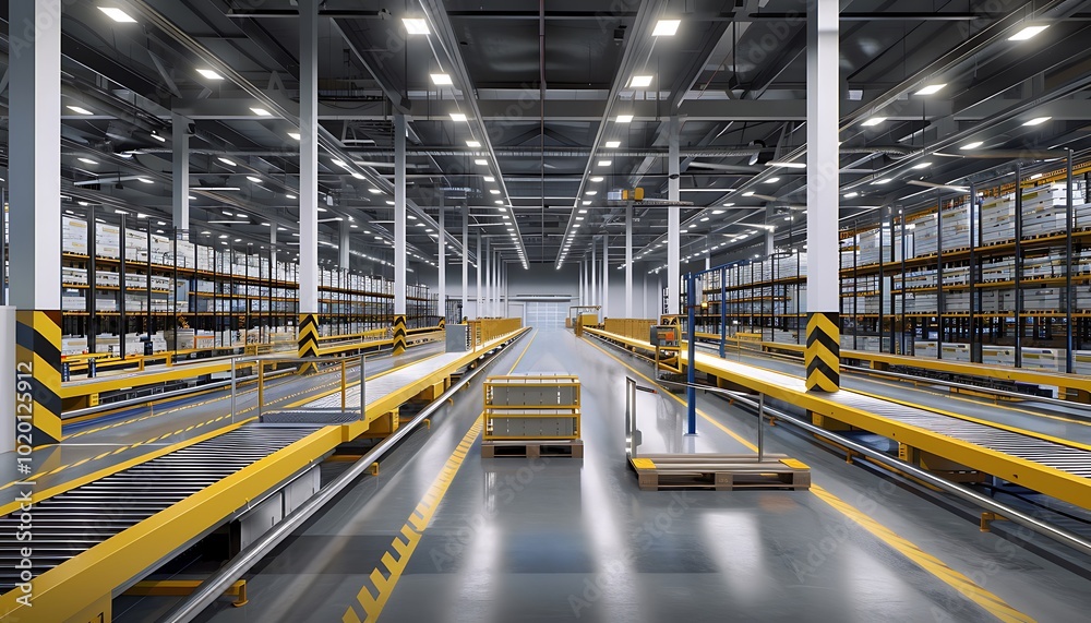 Interior of a warehouse with a long corridor and rows of racks Interior of a warehouse with a long corridor and rows of racks