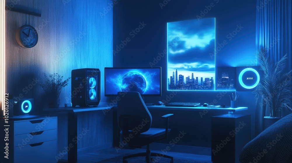 Fototapeta premium Blue-lit gaming room with cityscape window.