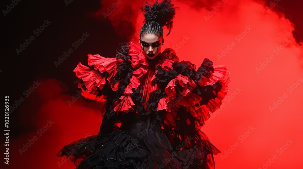 Hauntingly Stylish: Gothic Fashion Runway with Bold Black & Red Outfit and Dark Mist Backdrop Hauntingly Stylish: Gothic Fashion Runway with Bold Black & Red Outfit and Dark Mist Backdrop