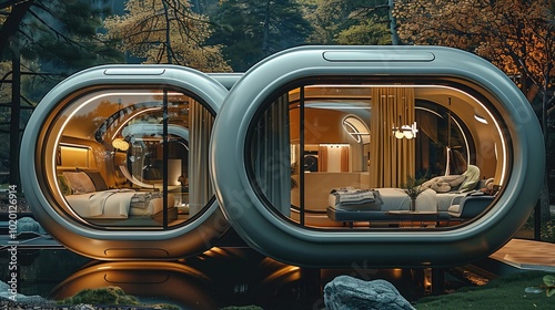 Small mobile cottage, multiple rooms spliced together, some rooms have spherical roofs, metal cylindrical walls, a small amount of glass, light strip effects. photo