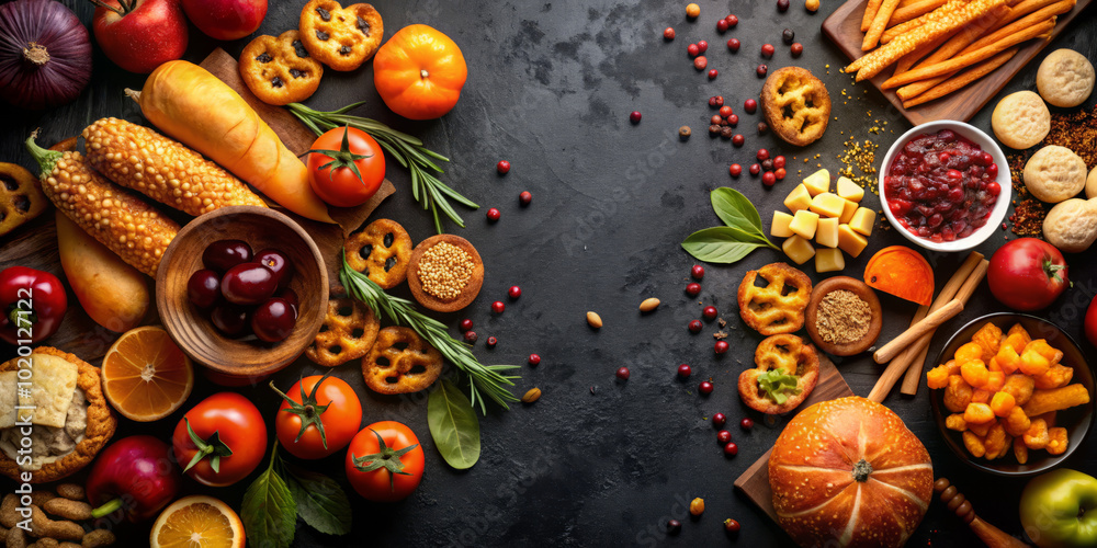Delight in vibrant array of seasonal foods, including pumpkins, oranges, and pretzels, beautifully arranged on dark background, evoking warm, festive atmosphere Delight in vibrant array of seasonal foods, including pumpkins, oranges, and pretzels, beautifully arranged on dark background, evoking warm, festive atmosphere