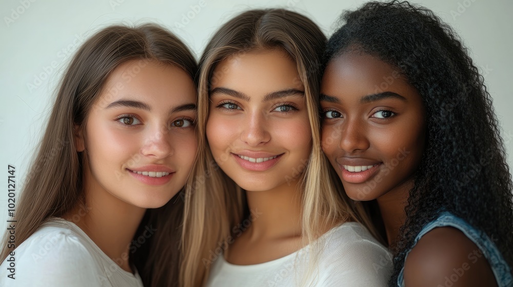 Portrait of Three Young Beautiful Multiracial Women Smiling Together on White Background Portrait of Three Young Beautiful Multiracial Women Smiling Together on White Background
