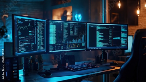 Wallpaper Mural Three monitors with code, keyboard, and mouse. Torontodigital.ca