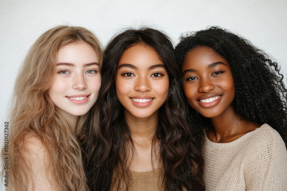 Portrait of Three Young Beautiful Multiracial Women Smiling Together on White Background Portrait of Three Young Beautiful Multiracial Women Smiling Together on White Background