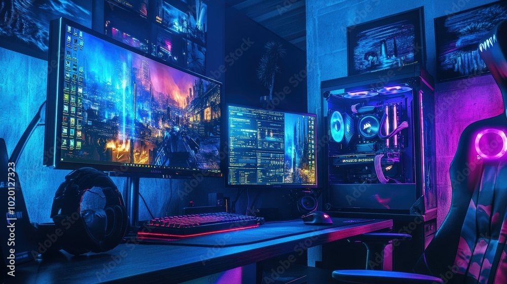 A gamer's setup with neon lights. A gamer's setup with neon lights.