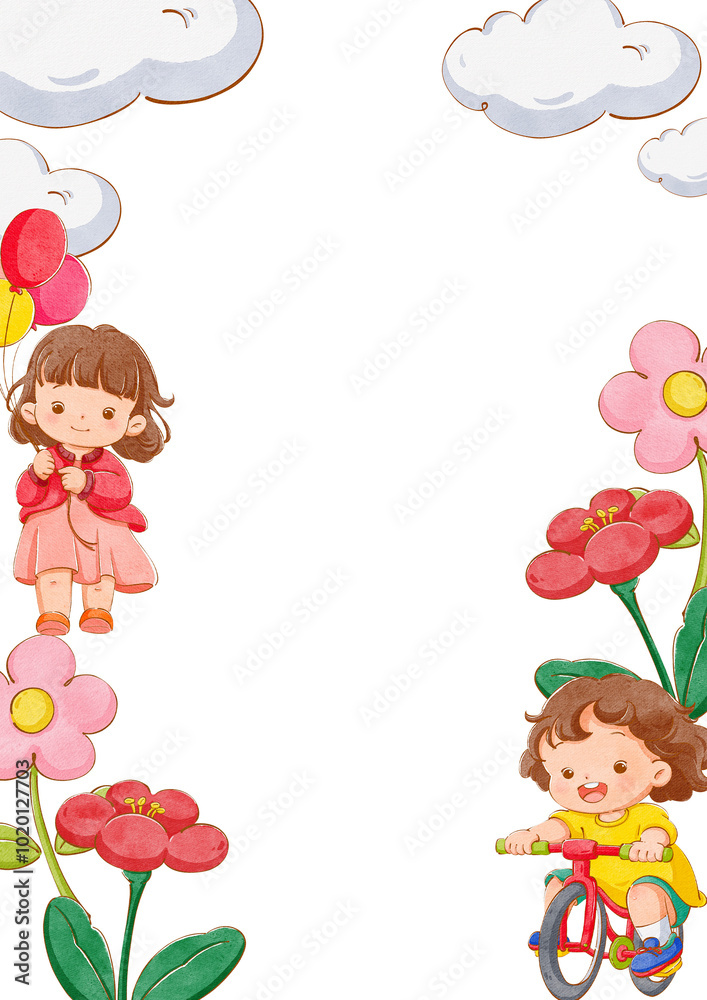 A girl walks with a balloon while another girl rides a bicycle among blooming red and pink flowers, under a bright white cloud atmosphere, hand-drawn watercolor painting frame design
