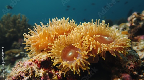 Underwater scene featuring vibrant coral and sea anemones in a marine ecosystem.