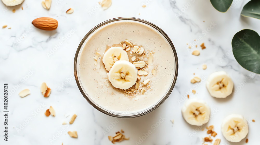 Delicious bowl of banana smoothie topped with oats and almonds, placed on a marble surface, surrounded by fresh banana slices and nuts.