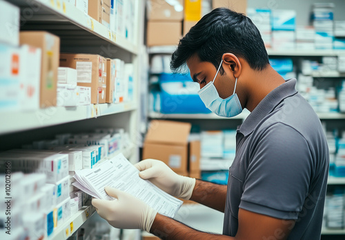 A young man in a mask is checking documents in a pharmacy stockroom.