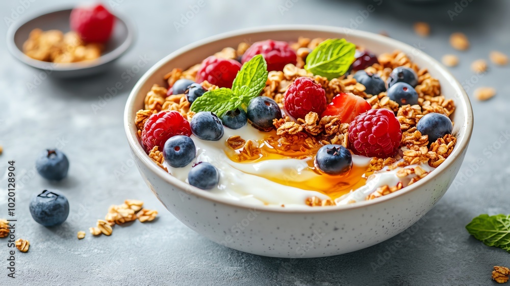 Delicious yogurt bowl with fresh berries and granola. Delicious yogurt bowl with fresh berries and granola.