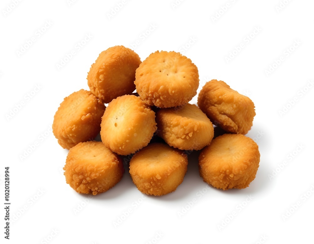 A pile of golden brown breaded and fried chicken nuggets or bites on a white background A pile of golden brown breaded and fried chicken nuggets or bites on a white background