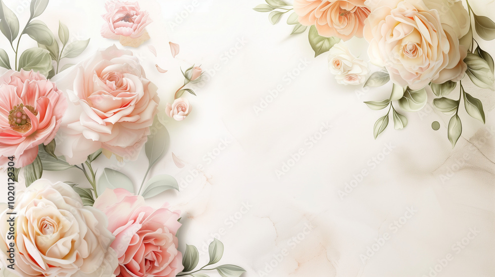Soft floral background with pink roses and green leaves Soft floral background with pink roses and green leaves