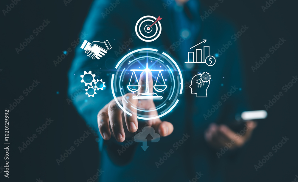 AI ethics or AI Law concept. Developing AI codes of ethics. Compliance, regulation, standard , business policy and responsibility for guarding against unintended bias in machine learning algorithms. AI ethics or AI Law concept. Developing AI codes of ethics. Compliance, regulation, standard , business policy and responsibility for guarding against unintended bias in machine learning algorithms.