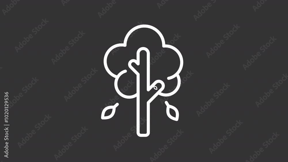 Falling leaves white line animation. Animated tree icon. Autumn season. Changing weather. Forest or park. Isolated illustration on dark background. Transition alpha video. Motion graphic Falling leaves white line animation. Animated tree icon. Autumn season. Changing weather. Forest or park. Isolated illustration on dark background. Transition alpha video. Motion graphic