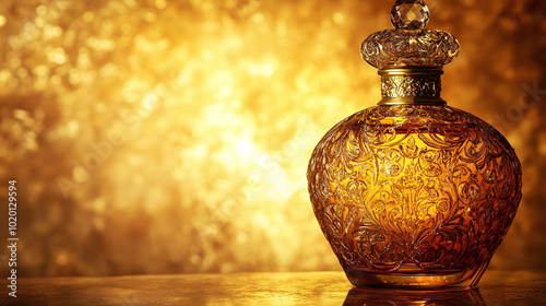 A stylish perfume bottle with intricate designs, placed against a rich gold background,