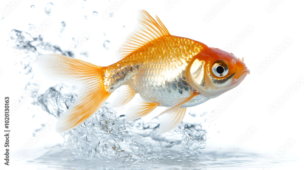 Beautiful goldfish jumping out of water on white background Beautiful goldfish jumping out of water on white background