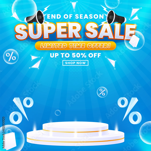 Gradient super sale banner design template with podium isolated on abstract background