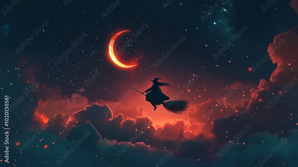 A Mysterious Witch Soars Across a Starry Sky Under a Glowing Crescent Moon and Fiery Clouds, Invoking Magic and Wonder in the Night. A Mysterious Witch Soars Across a Starry Sky Under a Glowing Crescent Moon and Fiery Clouds, Invoking Magic and Wonder in the Night.