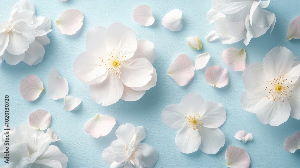 Fototapeta premium Delicate white flowers and pink petals arranged on a soft blue background, creating a serene and elegant design
