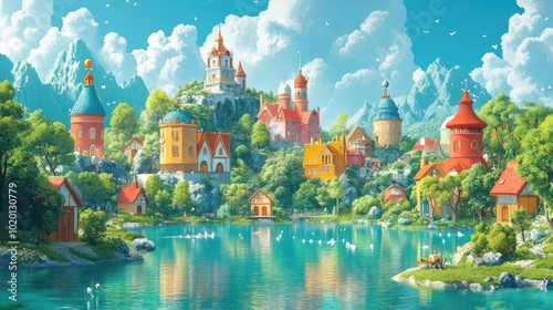 A panoramic view of a whimsical fantasy world blended with minimalist everyday scenes, vibrant colors, serene ambiance, enchanting landscapes photo