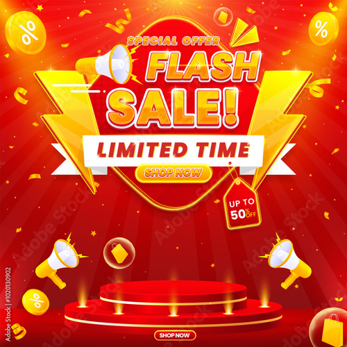 Gradient flash sale banner design template with podium isolated on abstract background