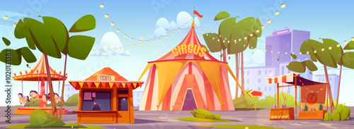 Circus tent in urban amusement park. Vector cartoon illustration of horse carousel, fun shooting range and ticket box, trade fair booths decorated with garlands and flags, modern cityscape background