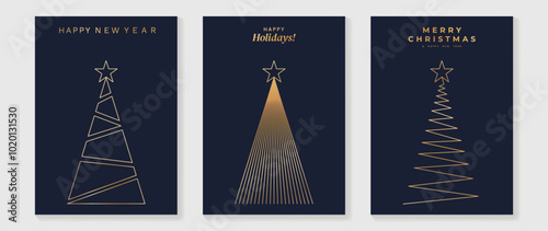 Luxury christmas invitation card art deco design vector. Christmas tree, star line art on navy blue background. Design illustration for cover, poster, wallpaper.