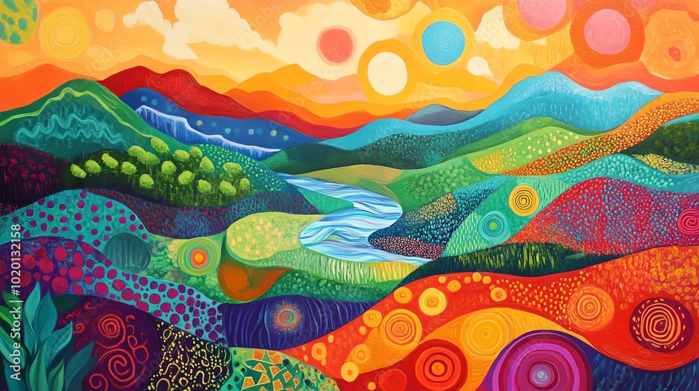 Depict a vibrant, abstract landscape where the mountains and rivers seem to glow with colorful, playful patterns Depict a vibrant, abstract landscape where the mountains and rivers seem to glow with colorful, playful patterns