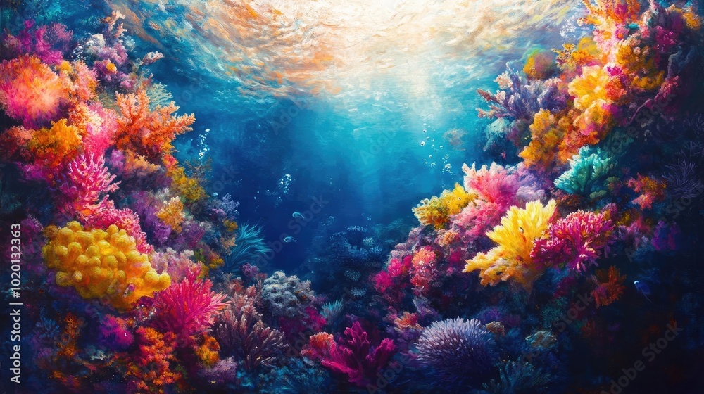 A vibrant coral reef, fused with swirling Impressionist brushstrokes, underwater macro photography capturing intricate details, luminous colors bursting forth A vibrant coral reef, fused with swirling Impressionist brushstrokes, underwater macro photography capturing intricate details, luminous colors bursting forth