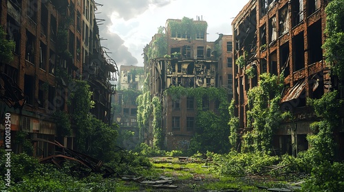 Deserted postapocalyptic city with overgrown buildings and nature reclaiming the streets