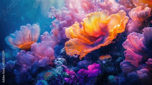 A vibrant coral reef, fused with swirling Impressionist brushstrokes, underwater macro photography capturing intricate details, luminous colors bursting forth