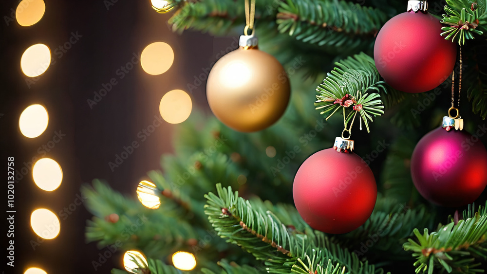 Christmas Tree With Baubles And Blurred Shiny Lights Christmas Tree With Baubles And Blurred Shiny Lights