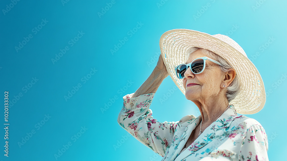 An elderly woman dressed in a stylish summer outfit, enjoying a sunhat against a bright sky-blue backdrop with copy space. An elderly woman dressed in a stylish summer outfit, enjoying a sunhat against a bright sky-blue backdrop with copy space.
