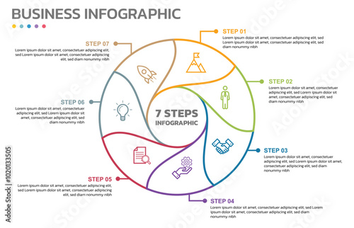 Visual data presentation. Cycle diagram with 7 options. Pie Chart Circle thin line infographic template with 7 steps, options, parts, segments. Business concept. Marketing infographic outline style.