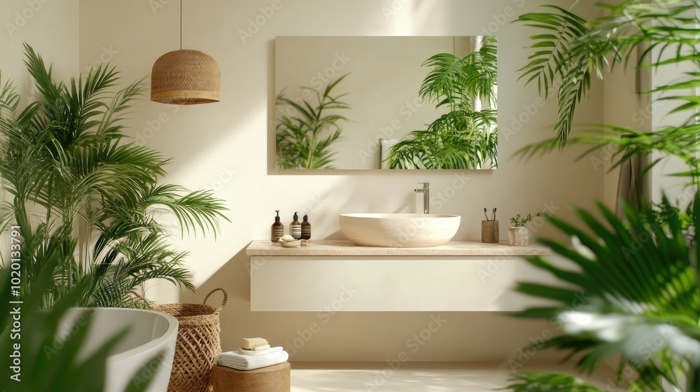 Elegant bathroom with white and beige tones, featuring a large mirror, basin, and lush greenery Elegant bathroom with white and beige tones, featuring a large mirror, basin, and lush greenery