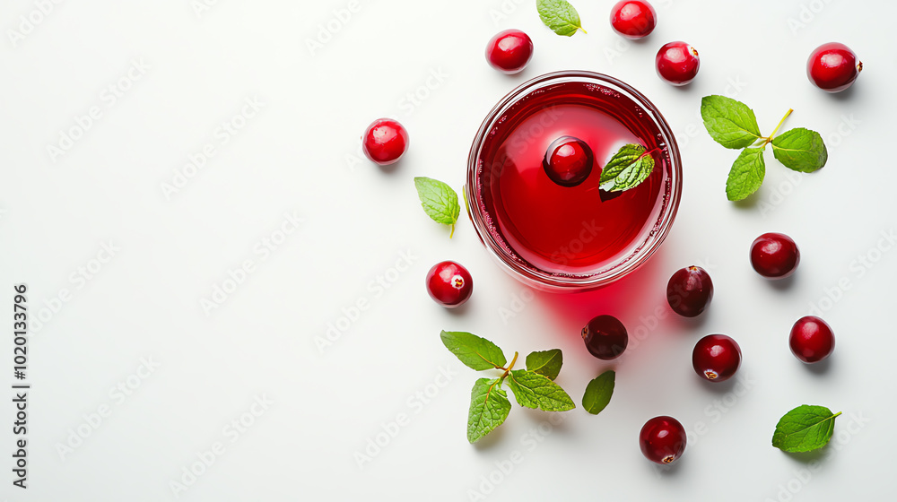 Fresh cranberry juice in a glass surrounded by cranberries and mint leaves on a white background. Fresh cranberry juice in a glass surrounded by cranberries and mint leaves on a white background.