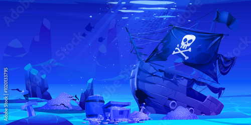 Sunken pirate ship with broken wooden deck lying underwater on sea floor near treasure. Damaged old boat after shipwreck, golden coins and jewelry in piles deep under ocean water on sand bottom.