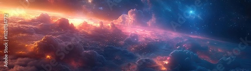Aerial view of a futuristic utopian city floating among nebulae, vibrant colors and advanced architecture, harmony with nature