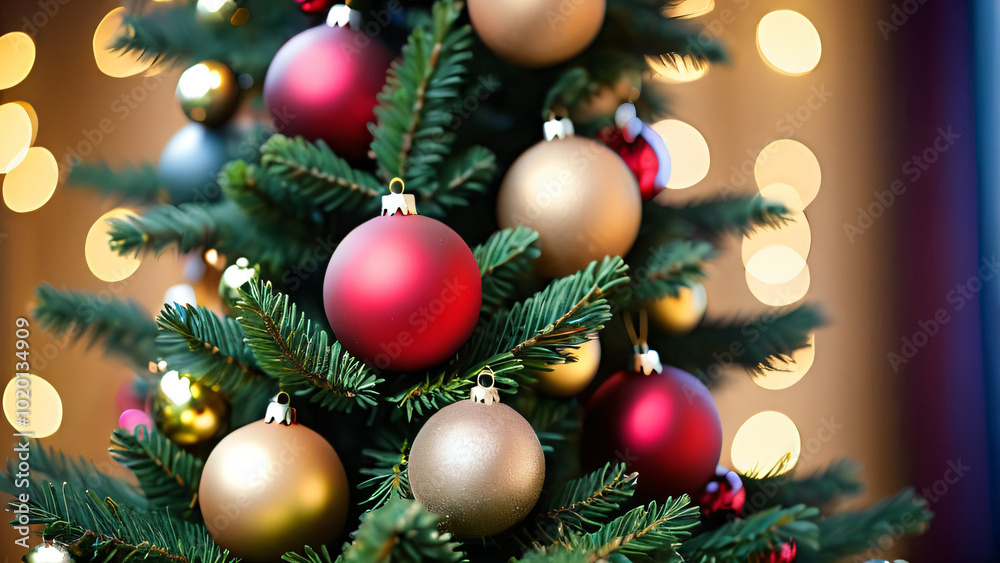 Fototapeta premium Christmas Tree With Baubles And Blurred Shiny Lights