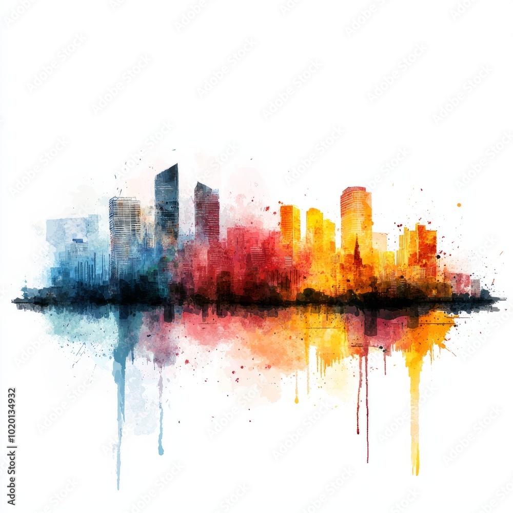 Obraz premium Watercolor painting of a city with skyscrapers melting like wax, on isolated white background