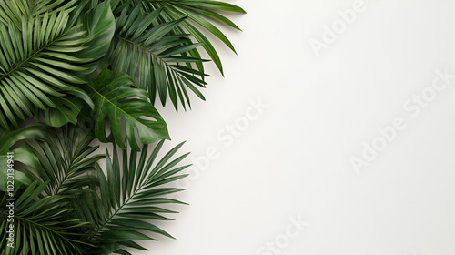 Realistic palm leaves shrubs corner on white background creative copy space concept