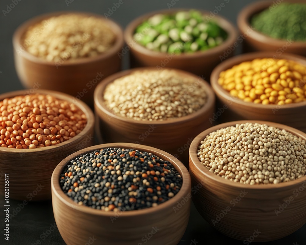 Assorted Grains and Legumes in Wooden Bowls Assorted Grains and Legumes in Wooden Bowls