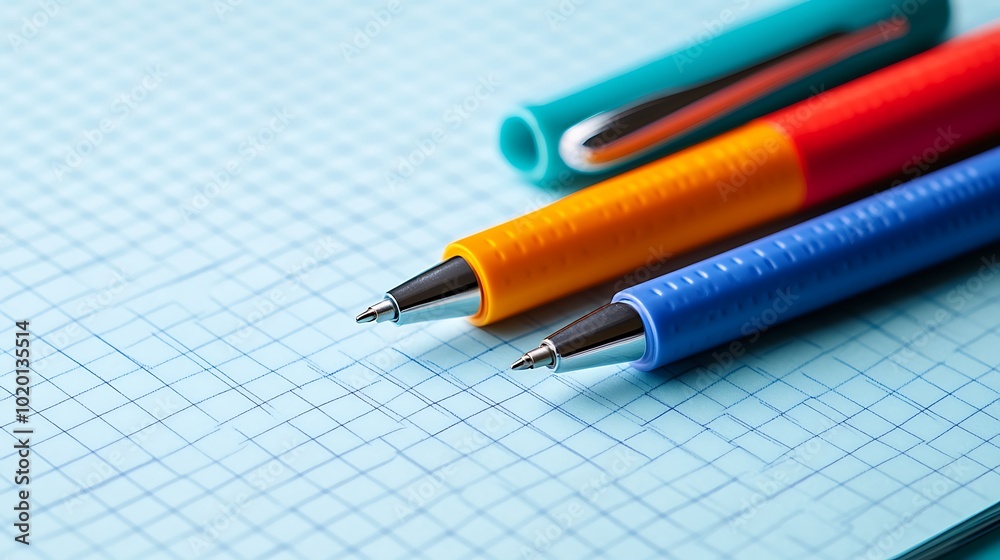 Three colorful pens lay on a blue gridded notebook. Three colorful pens lay on a blue gridded notebook.