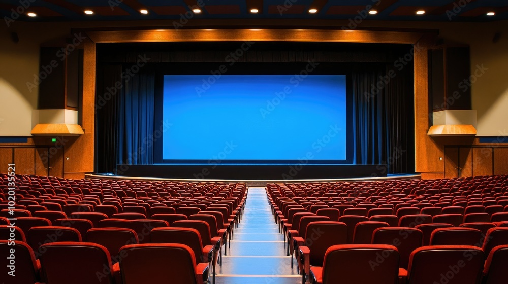 Fototapeta premium Empty auditorium with a big blue screen, chairs neatly aligned, awaiting an audience