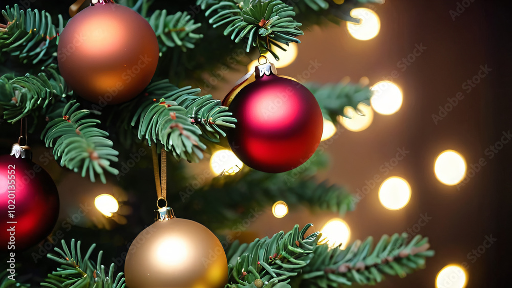 Christmas Tree With Baubles And Blurred Shiny Lights Christmas Tree With Baubles And Blurred Shiny Lights