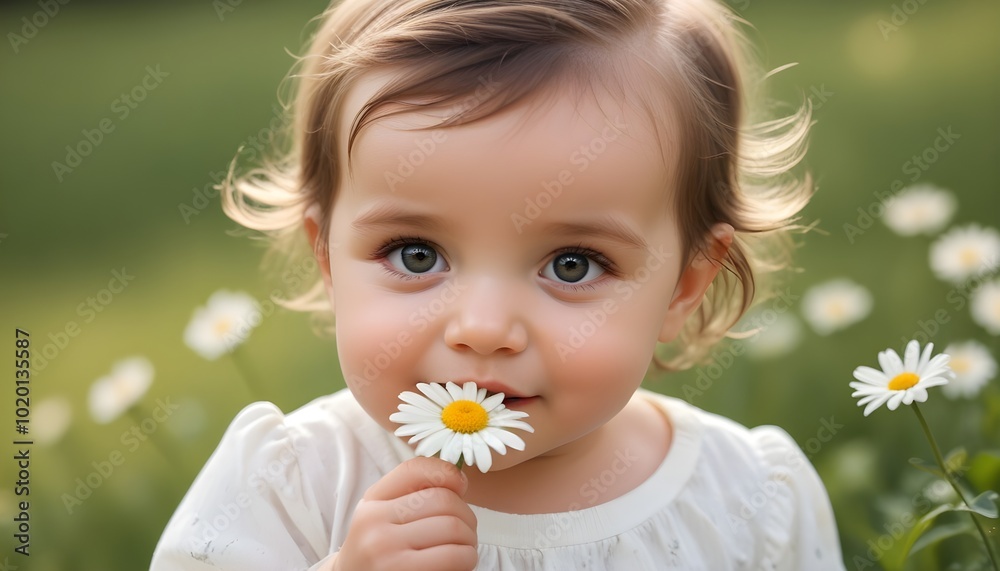 A baby girl holding a daisy flower near her face A baby girl holding a daisy flower near her face
