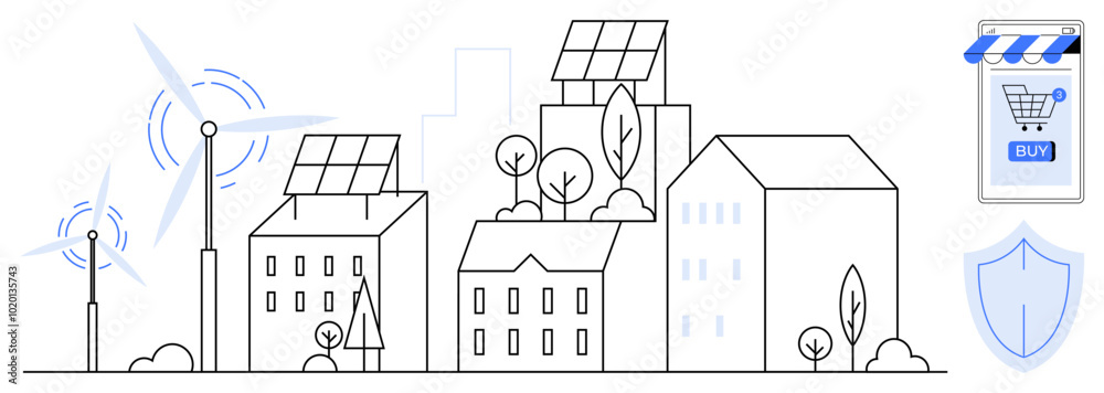 An urban scene featuring buildings with solar panels, wind turbines, a shield for security, and a mobile shopping cart icon. Ideal for smart city concepts, renewable energy, sustainability, green An urban scene featuring buildings with solar panels, wind turbines, a shield for security, and a mobile shopping cart icon. Ideal for smart city concepts, renewable energy, sustainability, green