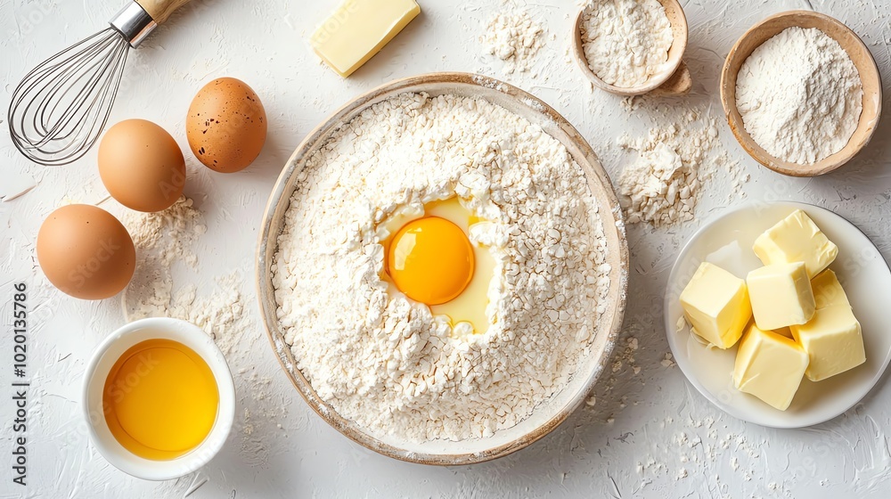 Flat lay of baking ingredients flour, eggs, butter, and utensils